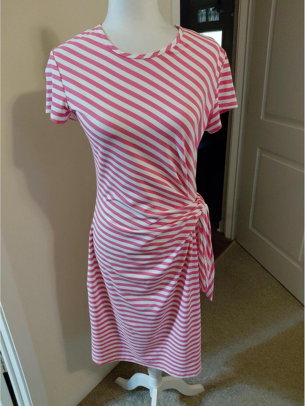 J. McLaughlin Elora Tie Dress Faux Wrap Catalina Cloth Pink White Stripes M EUC